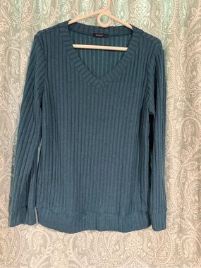 Teal Ribbed V-Neck Women's Sweater